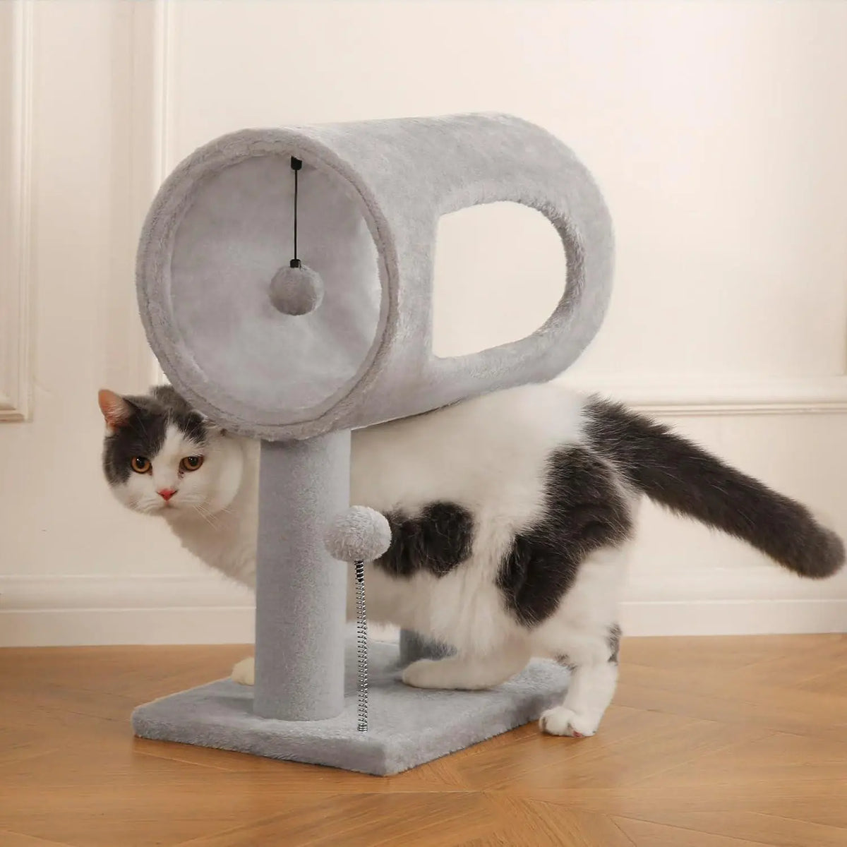 Gray Indoor Cat Tree With Hanging Ball 20.5 Cat Tree With Tunnel Bed