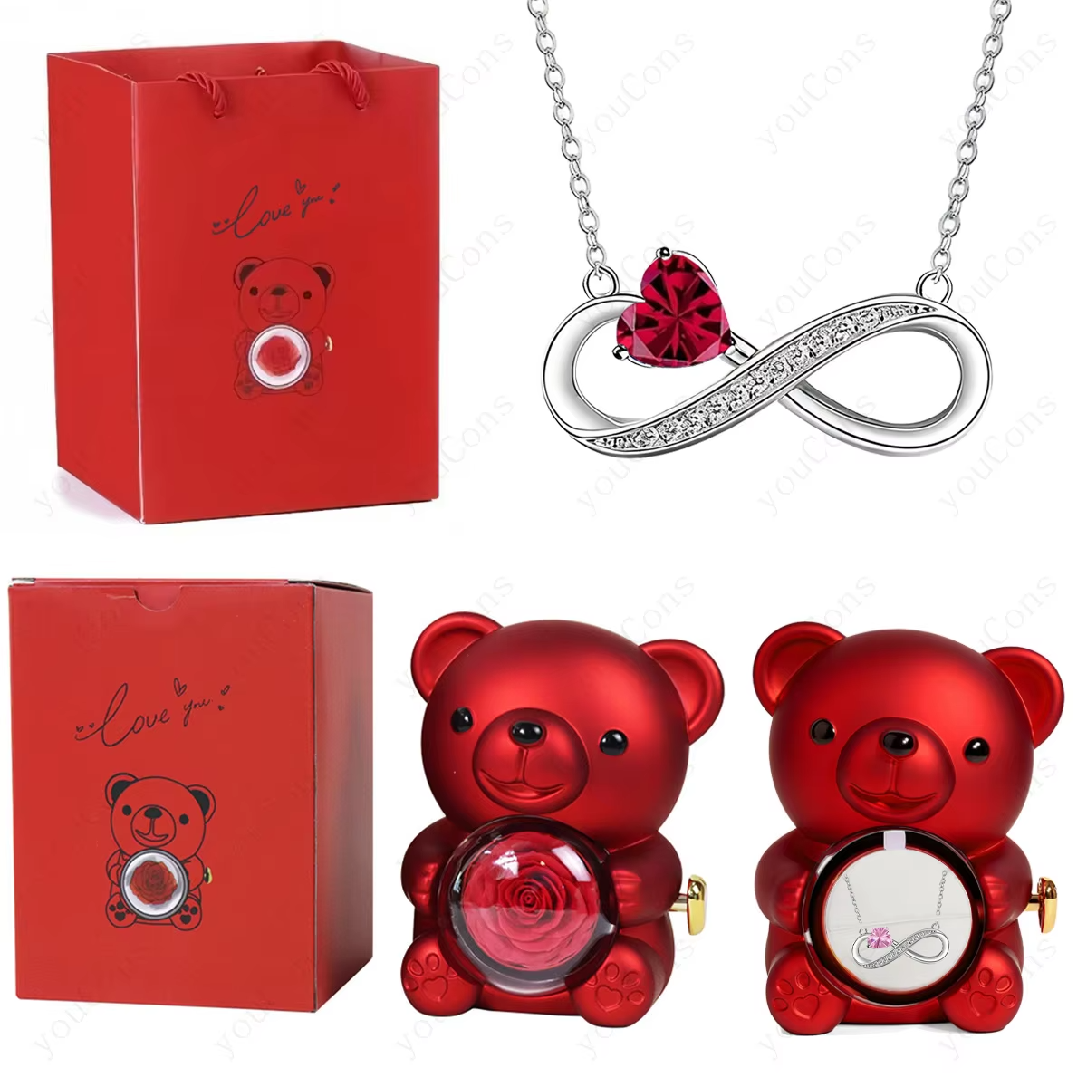 Pendant Necklaces With Cute Bear Rose Flower Gift Box