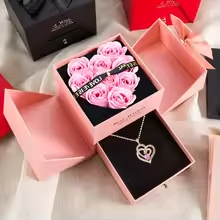 Pendant Necklace With Pink Rose Bow Gift Box
