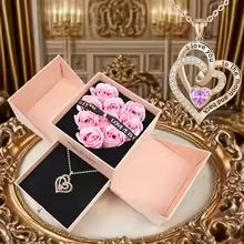 Pendant Necklace With Pink Rose Bow Gift Box