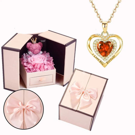Copper Zircon Pendant Necklaces With Cute Bear Rose Flower Gift Box