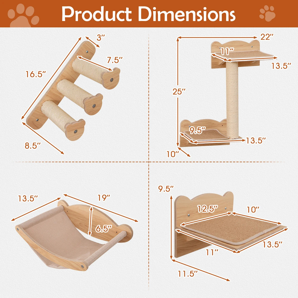 Cat Wall Furniture Set Of 4 With Hammock 2-step Cat Tree And Perch