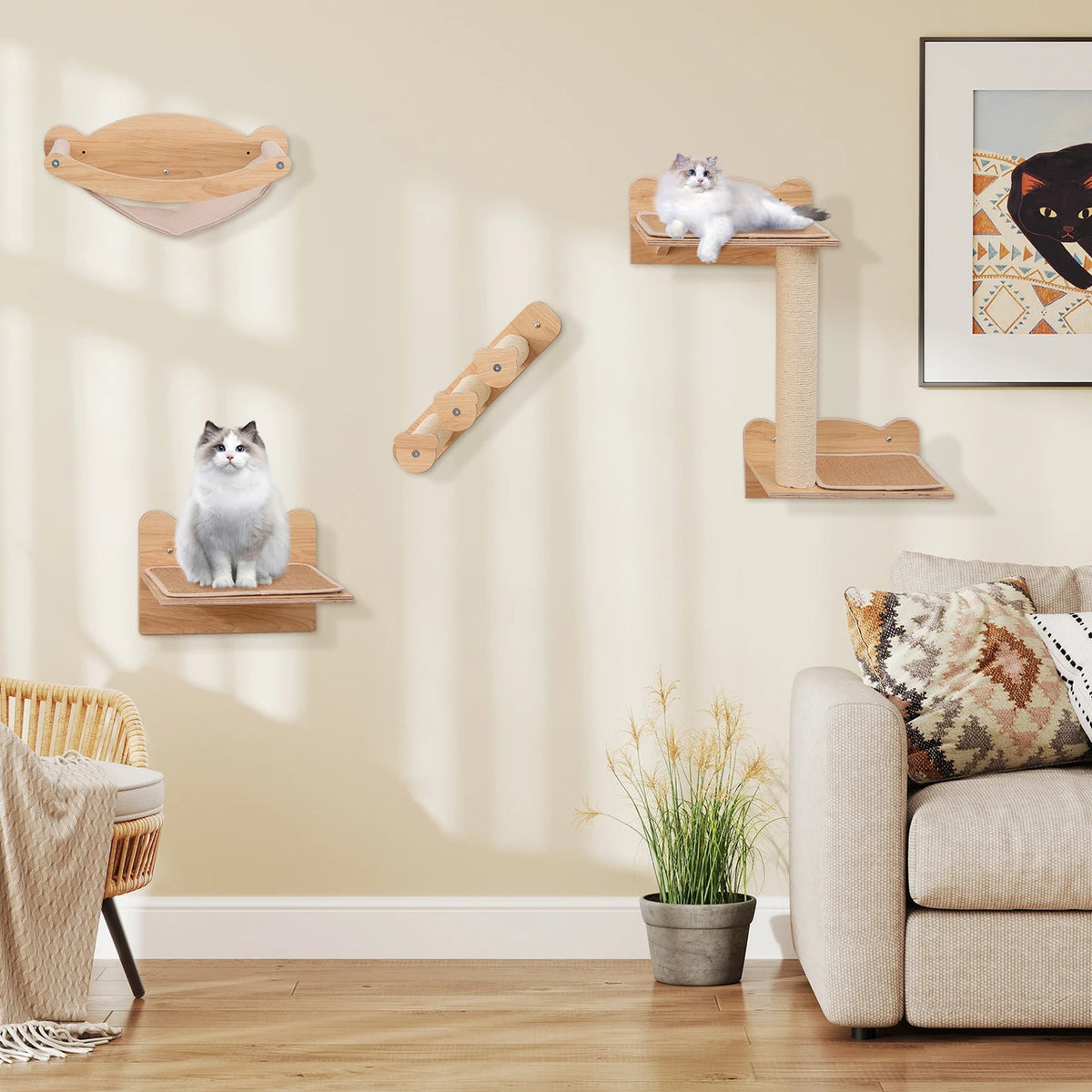 Cat Wall Furniture Set Of 4 With Hammock 2-step Cat Tree And Perch