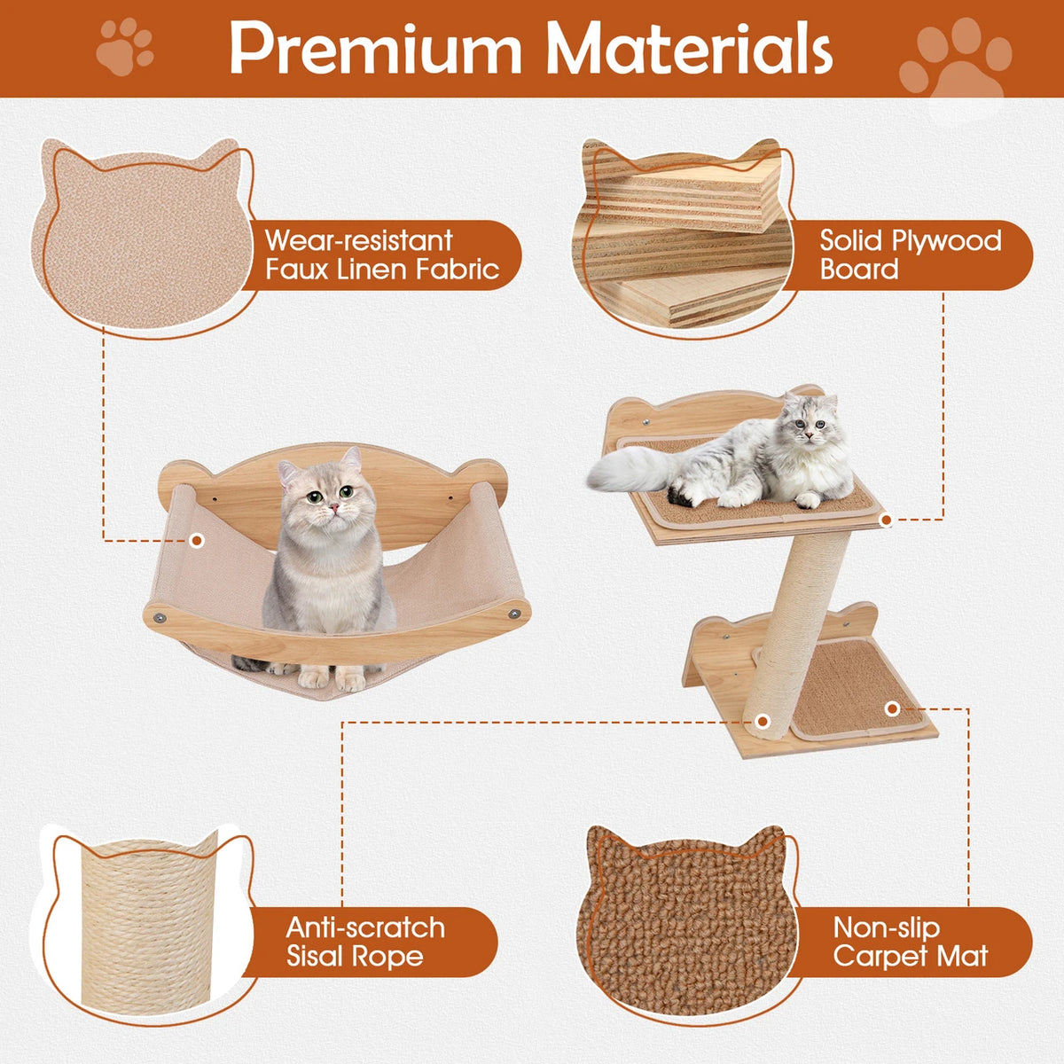 Cat Wall Furniture Set Of 4 With Hammock 2-step Cat Tree And Perch