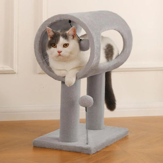 Gray Indoor Cat Tree With Hanging Ball 20.5 Cat Tree With Tunnel Bed